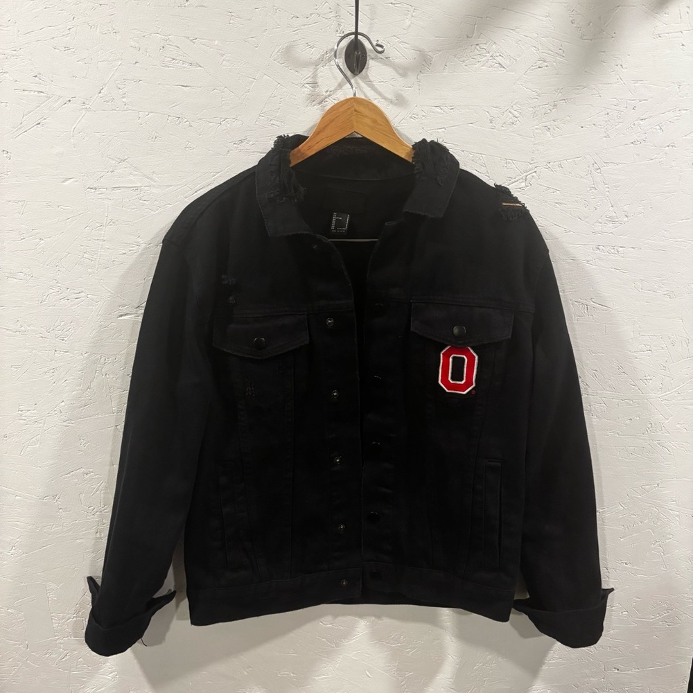 Black Denim Jacket with Ohio State University patches thrifted and reworked